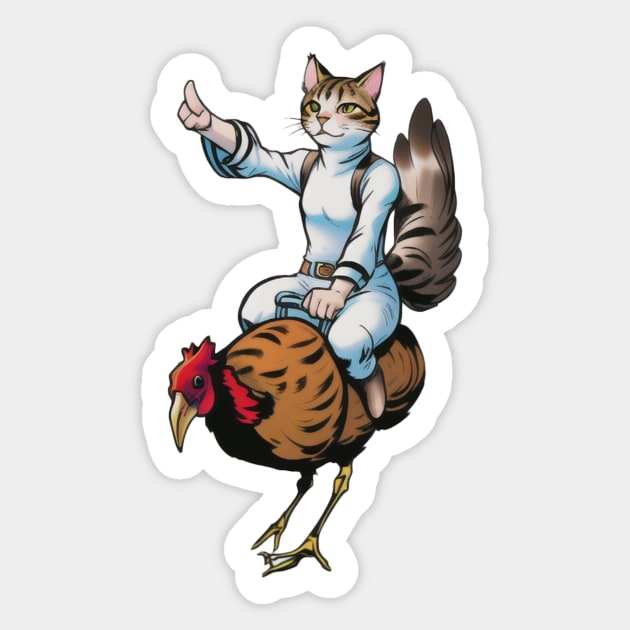 Whimsical Cat Riding Chicken Sticker by Rishirt